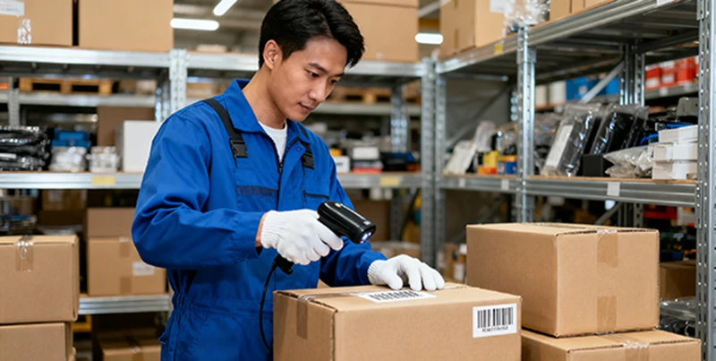 Warehouse with packages being organized and inspected